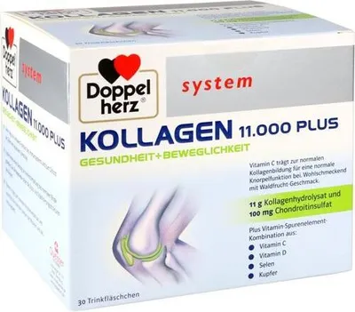 A box of Doppelherz Kollagen 11.000 Plus system ampoules.