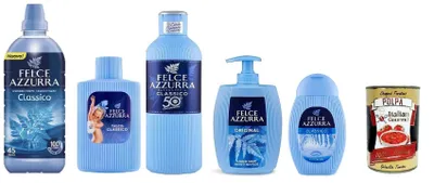 Produktbild von Italian Gourmet bundle für Felce Azzurra Classico Pflege-Set 5-teilig (Weichspüler, Talkum, Duschgel, Flüssigseife, Bagnodoccia) Duftpaket für Zuhause + Italian Gourmet polpa