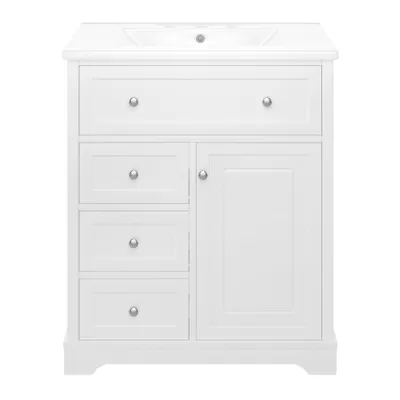 Produktbild von Flieks Badezimmerschrank mit Waschbeck, Standschrank Wäscheschrank mit 4 Schubladen und verstellbarer Ablage, Waschbecken mit Unterschrank, 76x46x87cm