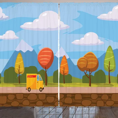 Obrázok produktu pre ARANDE Vintage Trucks záclona, kreslená grafika s jesennými stromami a dodávkovým autom, 280 x 225 cm, bledomodrá viacfarebná