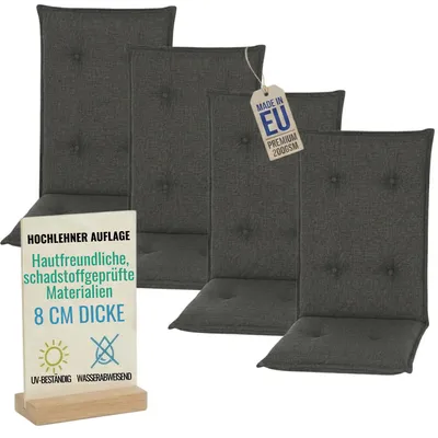 Produktbild von Pillows24 - 4x Hochlehner Auflagen 120x50x8 cm | Gesteppte Wetterfeste Gartenstuhlauflagen | Polster Sitzkissen für Gartenmöbel |  EU | Graphit