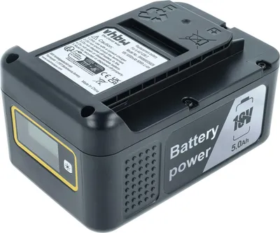 A black rechargeable battery with a digital display and yellow trim, shown against a white background.