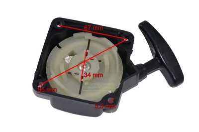 A close-up shot of a pull starter mechanism for a motor tool, with dimensions indicated by red lines and text.
