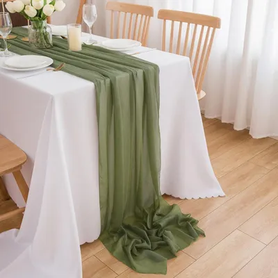 Produktbild von Chiffon Tischläufer Hochzeit Deko Stoff Tischdecke Olivgrün 70 x 300 cm
