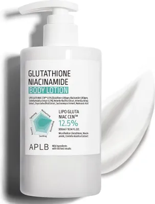 A white bottle of body lotion with a pump dispenser, set against a white background with a swirl of lotion to the right.