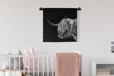 Produktbild von MuchoWow® Wandteppich Wandbehang Schottisches Hochlandrind - Kuh - Schwarz - Weiß 60x60 cm Tapisserie Dekoration Wandtuch - Dekorationen - Wand Decke