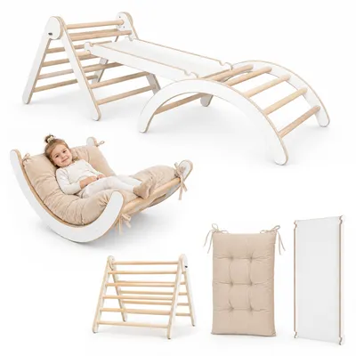 Zdjęcie produktu dla MAMOI® Zestaw Wspinaczkowy  4 w 1. Bujak + Zjeżdżalnia + Trójkąt + Poduszka, Zestaw Montessori z poduszkami, kryty plac zabaw dla dzieci 1-3 lat