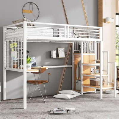 Zdjęcie produktu dla Łóżko piętrowe Merax loft 90×200 cm z biurkiem i szafą, żelazne łóżko dziecięce z boczną drabinką i poręczą, metalowe łóżko białe + drewno