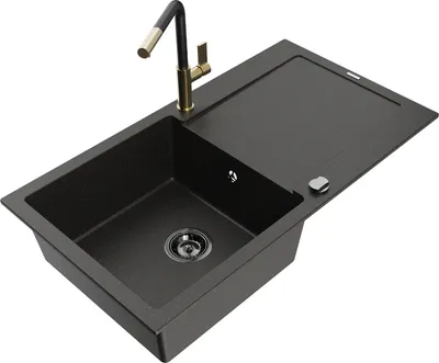 Produktbild von Mexen Leo 1 Becken-Granitspüle mit Abtropffläche und Mischbatterie Flora, Schwarz/Gold metallisch - 6501-75-670401-57-B