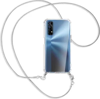 Produktbild von Handykette Backcover-Schutzhülle mit Band (Metall silberfarben) für Realme 7 (RMX2151) - silberfarbene Kette Snake