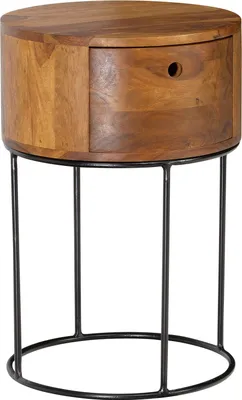 Imagen del producto de WOHNLING: Mesita de noche Sheesham, madera maciza, metal, 40x40x60 cm. Mesita de noche marrón. Mesita auxiliar redonda para cama con somier, con cajón. Mesita de noche con espacio de almacenamiento