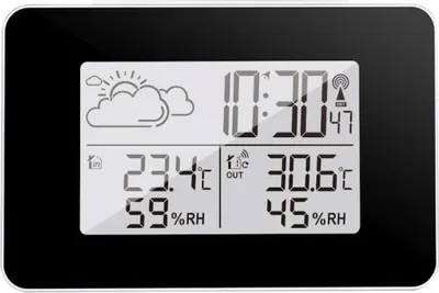 Obrázek produktu pro Vnitřní meteorologická stanice s venkovním senzorem, teploměrem, vlhkoměrem, rádiem řízenými hodinami DCF, LED displejem, černá, předpověď počasí, budík
