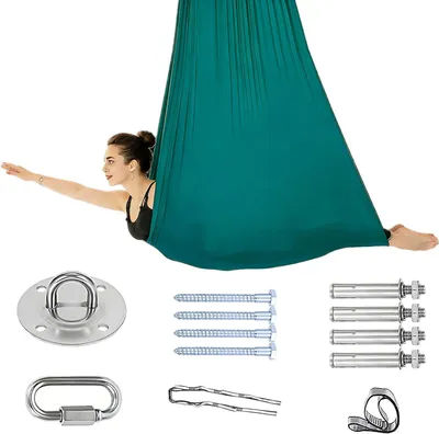Imagen del producto de Hamaca para yoga aéreo, fabricada en poliéster, de 150 x 280 cm, con capacidad para un peso máximo de 200 kg, ideal para la práctica de yoga