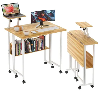 Produktbild von Tragbarer klappbarer Schreibtisch - Computertisch - Mit Rollen - Mit Stauraum - Mit Tastaturauszug - Für kleine Räume - Rechteckig - Holzoptik