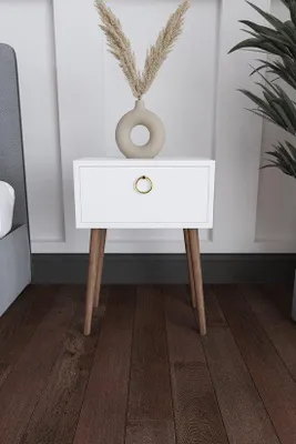 Image de Table de chevet Angel avec tiroir, 62 x 45 cm, blanc et noyer