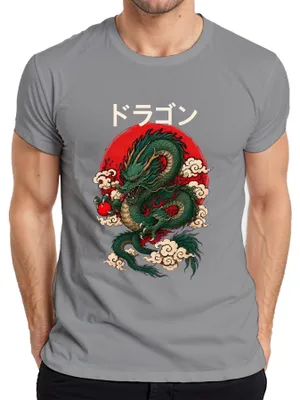 Productafbeelding van T-shirt met afbeelding van een Japanse draak, anime, manga, Japan, retro, Y2K, Aziatisch, voor heren, grijs, maat S