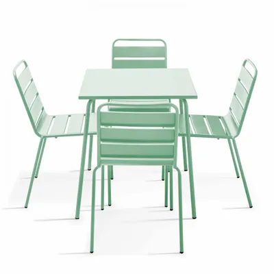 Produktbild von Set aus Gartentisch (70 cm) und 4 Metallstühlen Salbeigrün - Oviala Palavas