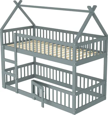 Image de okwish Lit superposé 90x200 cm avec escalier, lit mezzanine avec barrière de sécurité, lit massif pour enfant avec sommier (lit inférieur sans sommier) – gris