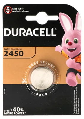 A retail package of Duracell DL2450 lithium coin cell batteries, featuring the Duracell bunny mascot.
