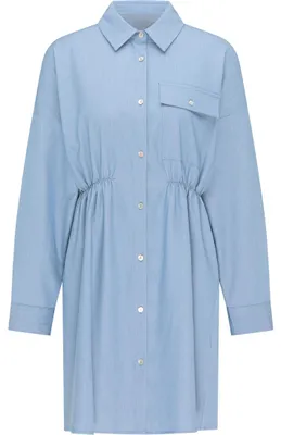 Produktbild von Damen Kleid Blau Gr. L mit Brusttasche und Kellerfalte auf der Rückseite