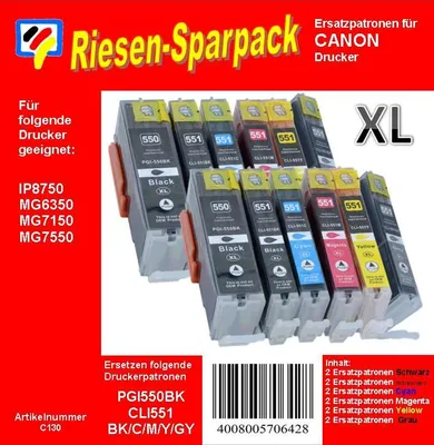 Produktbild von PGI550XL / CLI551XL - Dr. Inkjet 12er Riesensparpack - Ersatzpatronen je 2x die PGI550BKXL, CLI551BKXL, CLI551CXL, CLI551MXL, CLI551YXL, CLI551GY mit Chip und Füllstandsanzeige