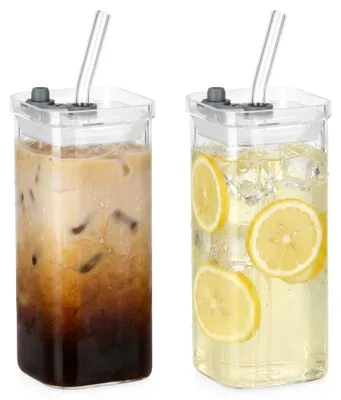 Produktbild von Glasbecher mit Deckel und Strohhalm 340 ml 2 Stück.