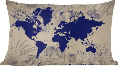 Produktbild von MuchoWow® Zierkissen Sofakissen Wohnzimmer Dekokissen 50x30 cm Weltkarte - Blumen - Blau - Wohnzimmerdekoration - Polster mit Photo