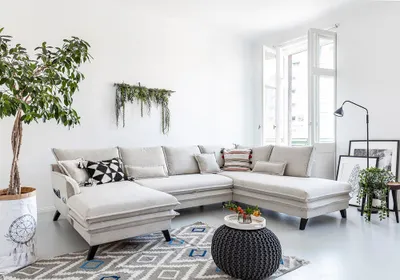 Produktbild von MIUFORM Charming Charlie - Ecksofa mit Bettfunktion und Bettkasten U-FORM RECHTS - 302x200cm - Beige - Sofa Schlafsofa Couch