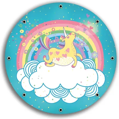 Produktbild von Wallario rundes Outdoor-Poster für Garten oder Balkon, Motiv Lustiges Einhorn auf einer Wolke vor Regenbogen, 30 cm Durchmesser