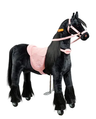 A black toy horse with a pink saddle and bridle, standing on a white background.
