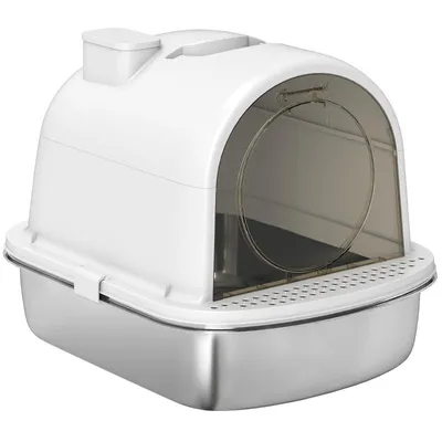 Produktbild von Katzentoilette – Edelstahl-Katzentoilette – mit Deckel, Geruchsbeutel und Streuschaufel – leicht zu reinigen – 52,4 x 41,3 x 39,9 cm – Weiß