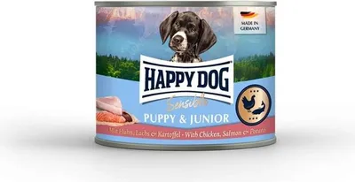 Produktbild von Happy Dog Sensible Puppy & Junior - Huhn, Lachs & Kartoffel, Welpe, jede Rasse, Huhn, Kartoffel, Lachs, 200 g, Zuckerfrei