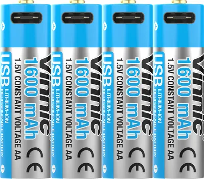 Four Vinnic AA rechargeable batteries are lined up side-by-side against a white background.