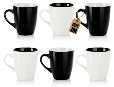 Produktbild von 6 Kaffeetassen aus Keramik - 350 ml Becher im modernen Design - Henkeltassen für kalte und heiße Getränke - schwarz-weiße Trinkbecher