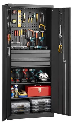 Image de Armoire de rangement en métal VEVOR, armoire de garage avec 2 portes, 2 tiroirs, 2 étagères réglables et panneau perforé, armoire haute de 1,8 m pouvant supporter jusqu'à 81,5 kg, armoire polyvalente pour garage, bureau ou atelier, noir