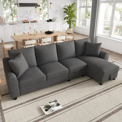 Produktbild von Ecksofa mit Stauraum – modernes, modulares 3-Sitzer-Chenille-Sofa mit klappbaren Rückenlehnen und Getränkehaltern, Grau, 280×136×82 cm