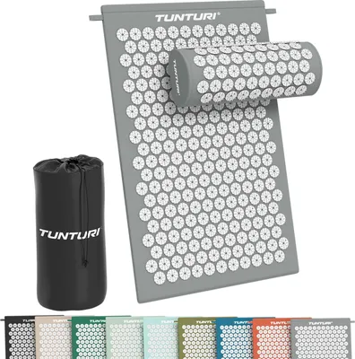 Produktbild von Tunturi Akupressurmatte mit Kissen - Akupunktur Matte - Stachelmatte für Rücken, Nacken, Fuße, Ganzkörper - 2in1 Nagelmatte Akupressurmatte - Anti Stress - 68x42x2cm - Grau