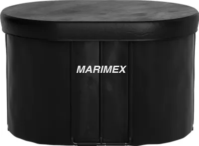 A black inflatable hot tub with a lid and the brand name MARIMEX printed on the side.