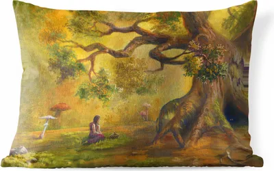 Produktbild von MuchoWow® Outdoor Kissen - Eine Illustration einer Person im Wald - 50x30 cm - Wetterfest - Lounge Kissen - Sofa kissen - Wohnzimmer Dekoration