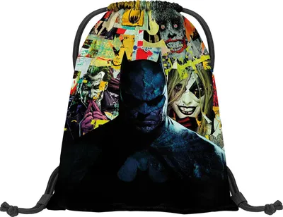 A drawstring backpack with a collage of Batman comic book characters.