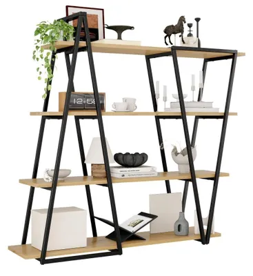 Imagen del producto de Estantería geométrica AIORBER, 158x35x166 cm, estantería de pie con estructura de metal, 4 estantes de MDF, sistema antirrobo, color y marrón