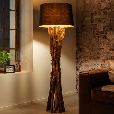 riess-ambiente Massivholz Stehlampe HARMONY NATURE 151cm schwarz Teak mit Baumwollschirm Stehleuchte Lampe Leuchte Wohnzimmerlampe