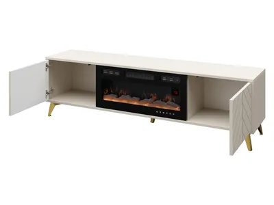 Produktbild von MIRJAN24 TV-Lowboard Xylix 2D EF mit Kamin, TV-Schrank, Wohznimmer Schrank mit zwei Drehtüren und Schublade, Griffe und Füße aus Metall in der Farbe Gold (Farbe: Sandbeige)