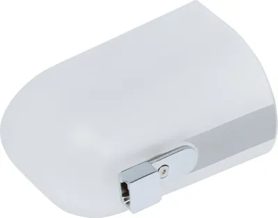 A white, frosted glass-like object with a silver stripe and a chrome fixture is shown against a white background.