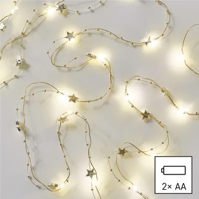 LED vánoční řetěz zlatý – hvězdičky, 1,9 m, 2x AA, vnitřní, teplá bílá, časovač