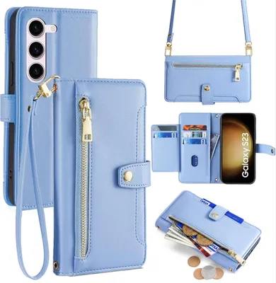 Produktbild von Handykette Samsung Hülle mit Band Handyhülle Kartenfächer Kunstleder Umhängetasche Galaxy S23 Hellblau