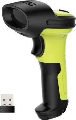 A wireless barcode scanner and its USB receiver are shown against a white background.