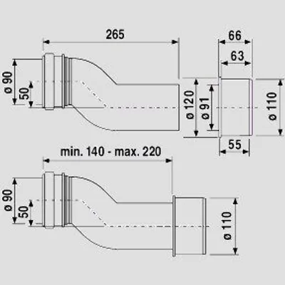 Zdjęcie produktu dla Zestaw przyłączeniowy do WC naścienny PE DN 90/100 etagiert 50 mm, długość 265 mm