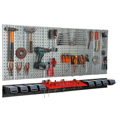Produktbild von Werkzeugwand 156x72 cm Metall Lagersystem mit Werkzeughaltern Werkzeughaken und 8 Stapelboxen 100 x 150 x 70 mm Farbe: schwarz Lochbrett Werkstatt Garage Steckbrett Elektrowerkzeuge Lochwand