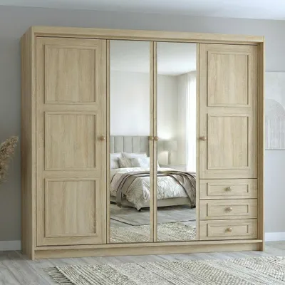 Produktbild von Geräumiger viertüriger Kleiderschrank OSLO mit Schubladen und Metallgriffen – modernes Design Farbe: Sonoma